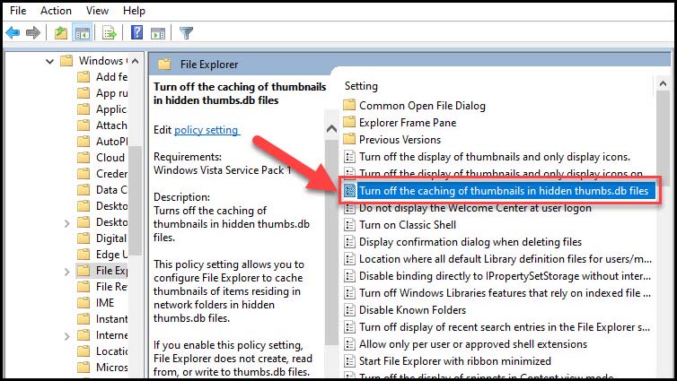 Trong khung bên phải, bạn nhấn 2 lần vào “Turn off the caching of thumbnails in hidden thumbs.db files”.